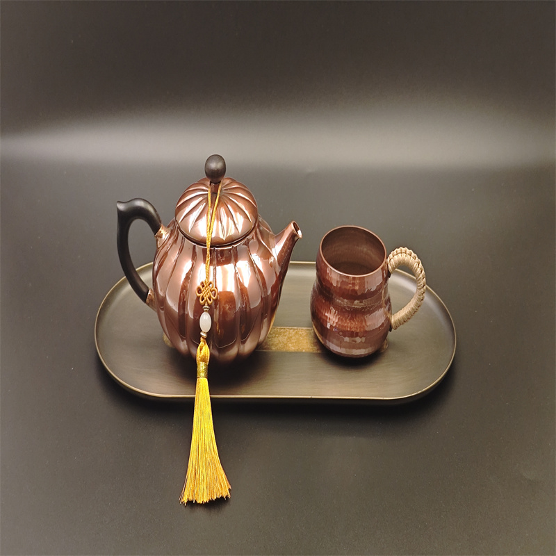 99.9% Pure Copper Handmade Pumpkin-Pattern Small Teapot Set (1 Teapot + 1 Cup + Two-Tone Tray)