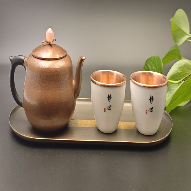 99.9% Pure Copper Handmade Hammered Texture Peach-Knob Tea Set (1 Teapot + 2 Copper-Lined Porcelain Cups + Two-Tone Copper Tray)
