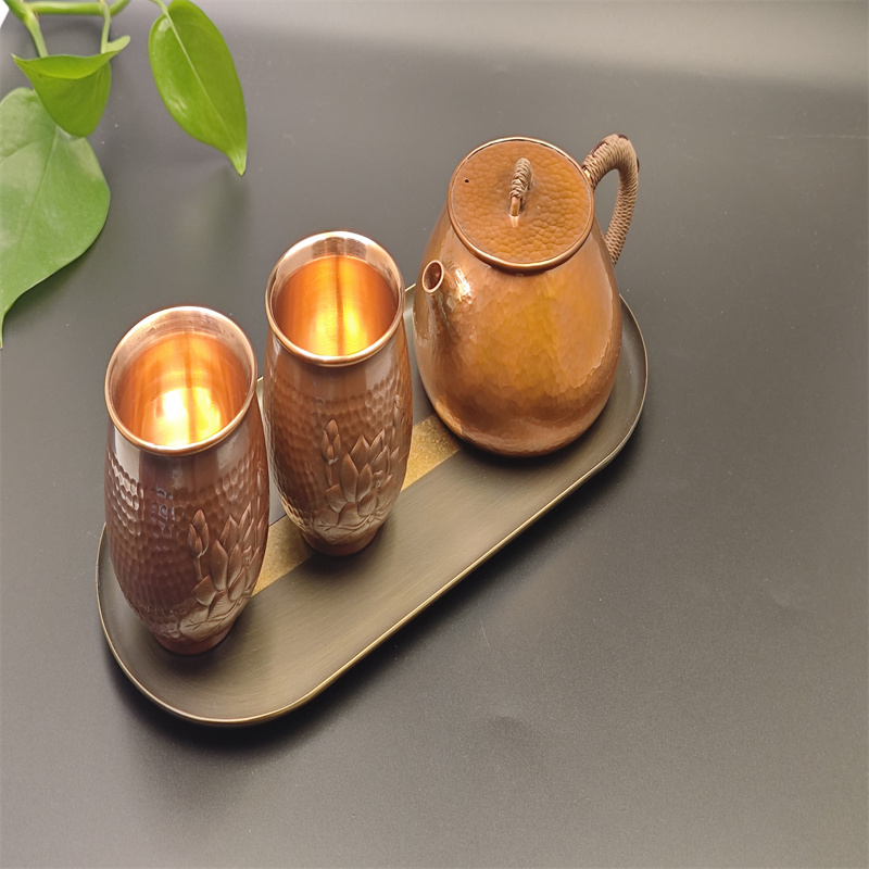 99.9% Pure Copper Handmade Hammered Texture Lotus Relief Tea Set (1 Teapot + 2 Cups + Two-Tone Tray)
