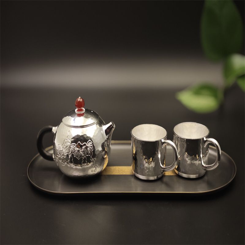 Copper-Plated Pure Silver Handmade Gourd-Pattern Side-Handle Tea Set (With Pure Copper Tray)