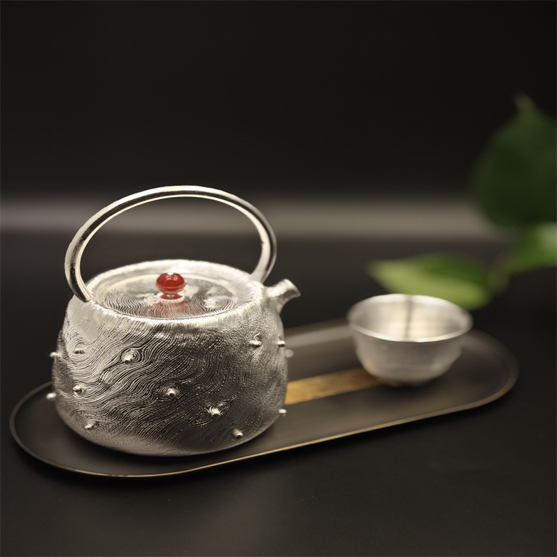 Copper-Plated Silver Handmade Wood-Grain Boiling Kettle & Silver-Wrapped Porcelain Cup Set (With Two-Tone Pure Copper Tray)