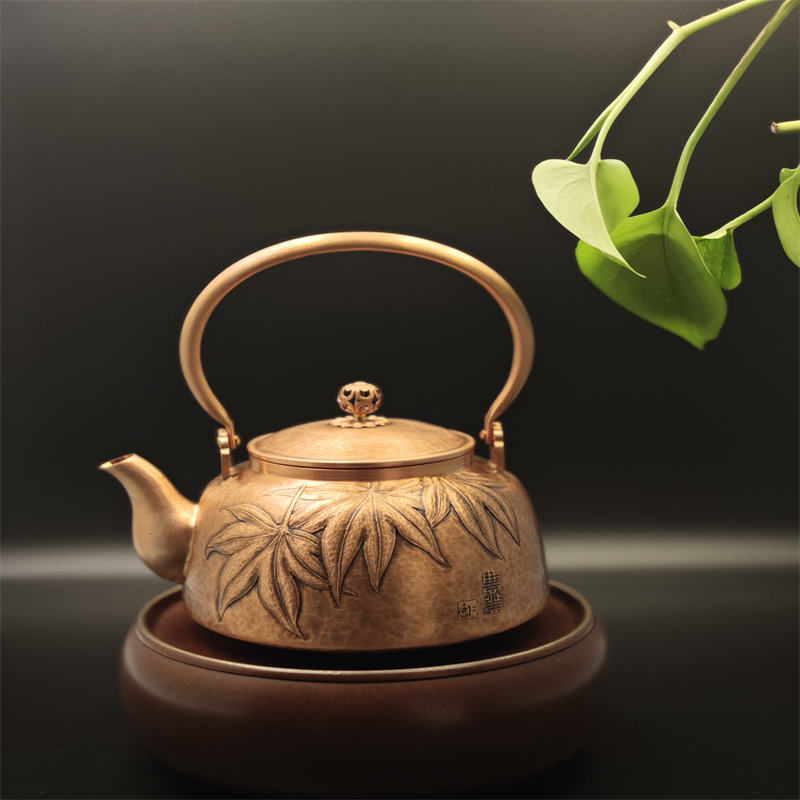 99.9% Pure Copper Handmade Maple Leaf Relief Teapot | Traditional Chinese Handcrafted Boiling Kettle for Tea Ceremony