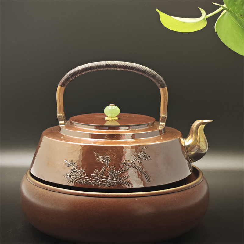 99.9% Pure Copper Handmade Plum & Magpie Relief Teapot + Warmer (Bamboo Handle + Green Jade Knob)