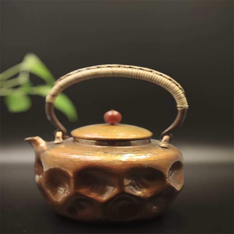 99.9% Pure Copper Handmade 3D Texture Teapot (Bamboo Handle + Red Agate Knob)