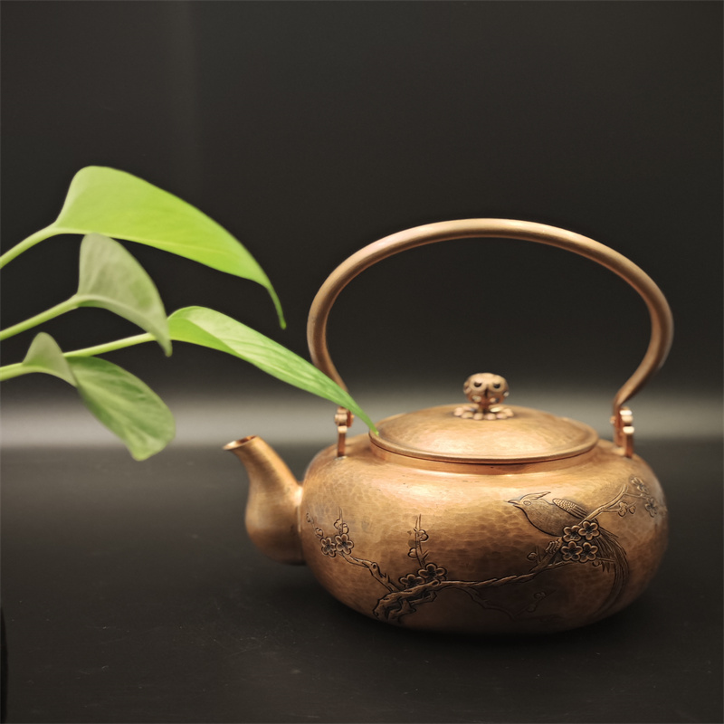 99.9% Pure Copper Handmade Plum & Magpie Relief Teapot ( "Happiness on the Brows" Auspicious Style + Multi-Stove Compatible)