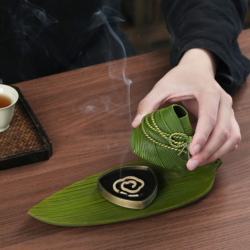 Handmade Pure Copper Zongzi-Shaped Incense Burner (With Reed Leaf Base)