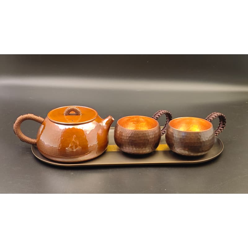 99.9% Pure Copper Handmade Hammered Texture Lotus Relief Tea Set (1 Teapot + 2 Cups + Two-Tone Tray)