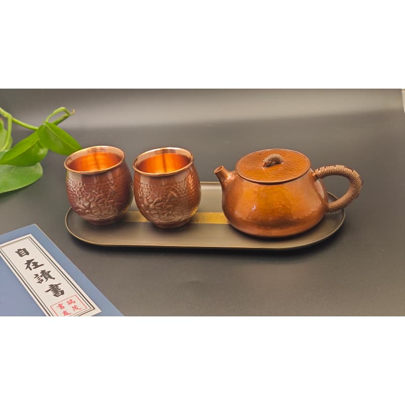 99.9% Pure Copper Handmade Hammered Texture Lotus Relief Tea Set (1 Teapot + 2 Cups + Two-Tone Tray)