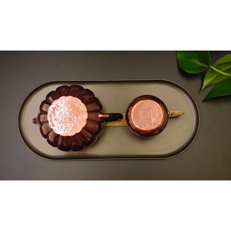 99.9% Pure Copper Handmade Pumpkin-Pattern Small Teapot Set (1 Teapot + 1 Cup + Two-Tone Tray)