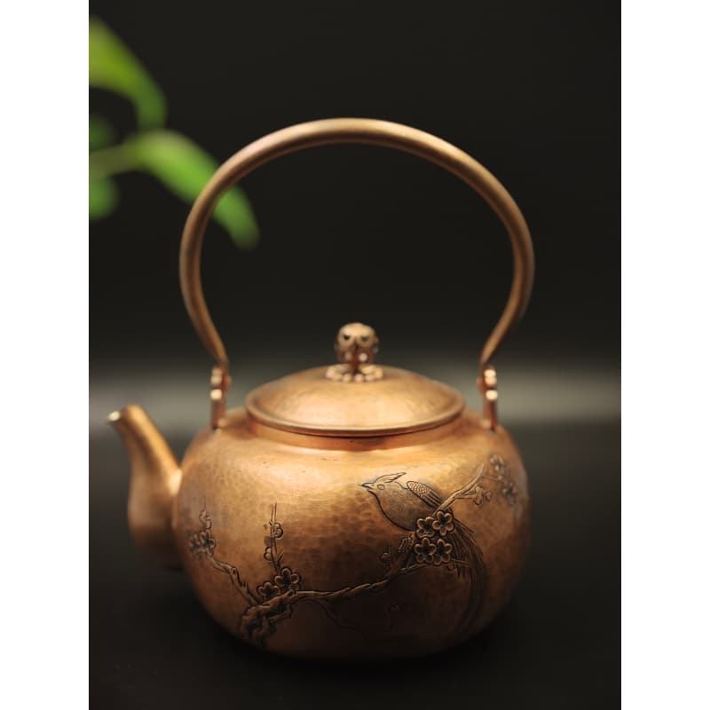 99.9% Pure Copper Handmade Plum & Magpie Relief Teapot ( "Happiness on the Brows" Auspicious Style + Multi-Stove Compatible)