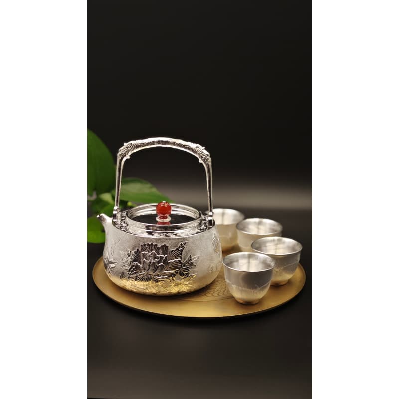 Copper-Plated Silver Peony-Pattern Boiling Kettle Set (4 Silver-Wrapped Porcelain Cups + Dragon-Engraved Pure Copper Tray)
