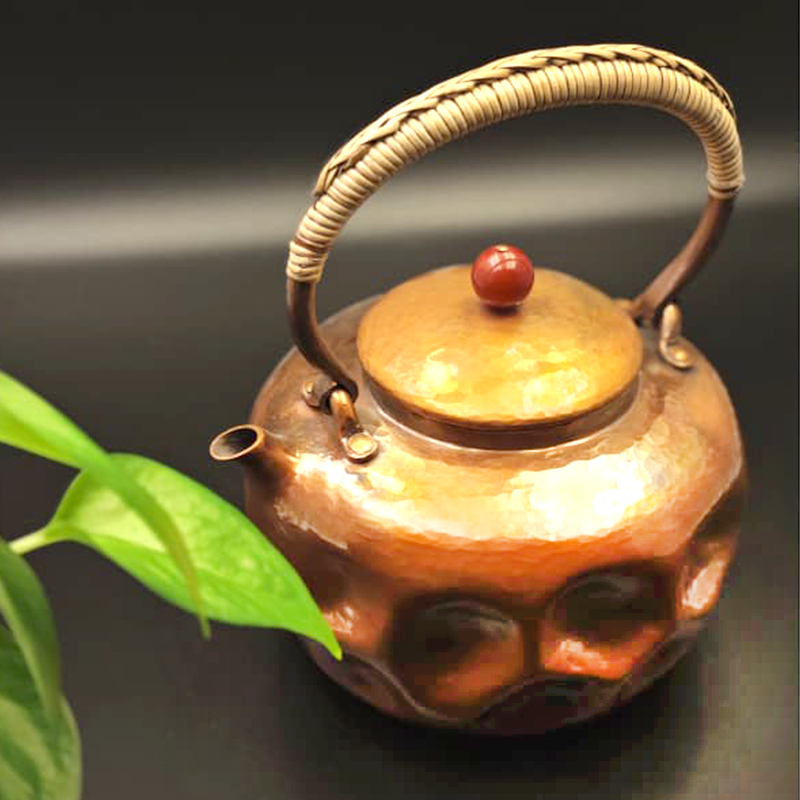 99.9% Pure Copper Handmade 3D Texture Teapot (Bamboo Handle + Red Agate Knob)