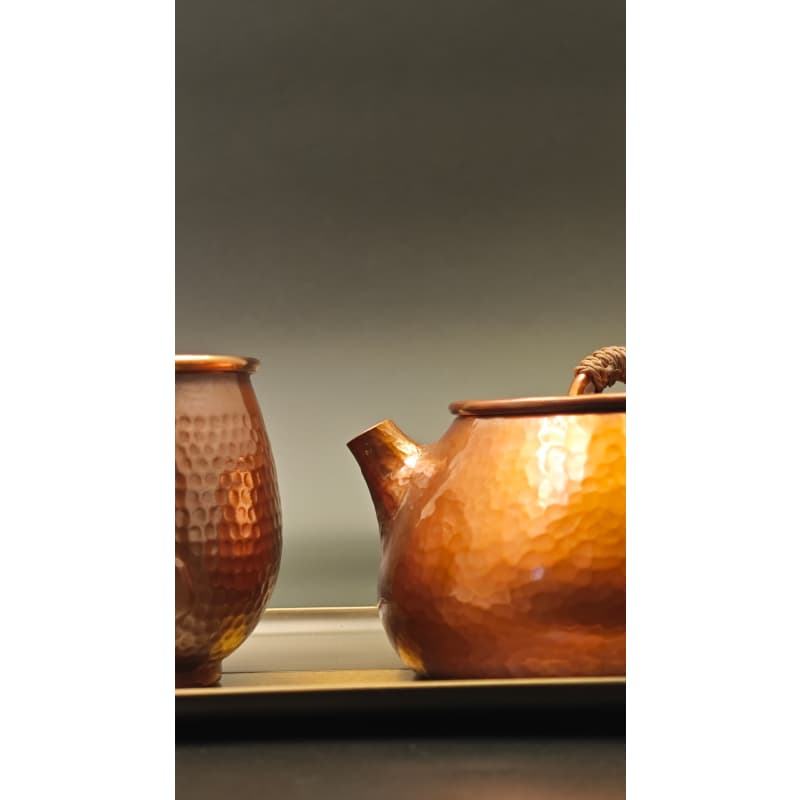 99.9% Pure Copper Handmade Hammered Texture Lotus Relief Tea Set (1 Teapot + 2 Cups + Two-Tone Tray)