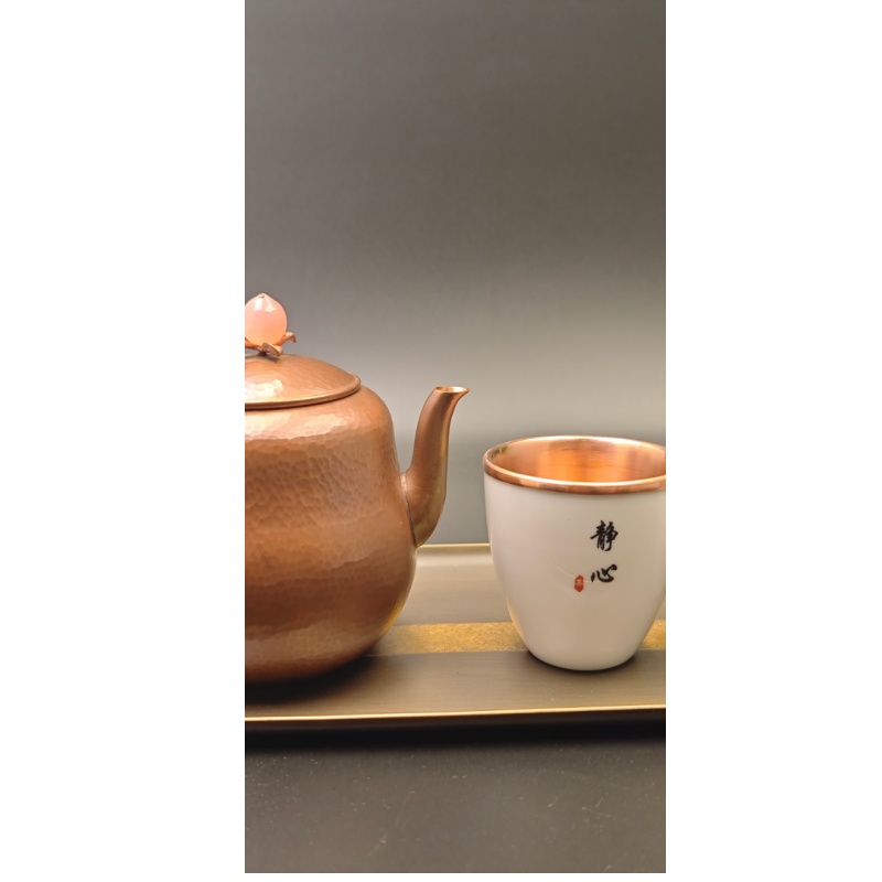 99.9% Pure Copper Handmade Hammered Texture Peach-Knob Tea Set (1 Teapot + 2 Copper-Lined Porcelain Cups + Two-Tone Copper Tray)