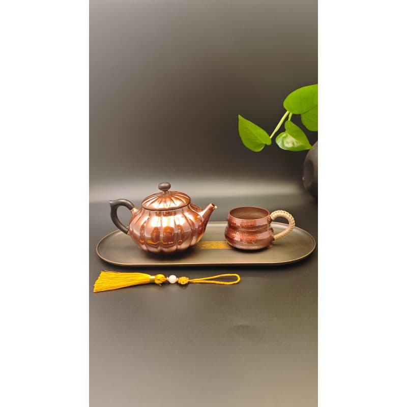 99.9% Pure Copper Handmade Pumpkin-Pattern Small Teapot Set (1 Teapot + 1 Cup + Two-Tone Tray)