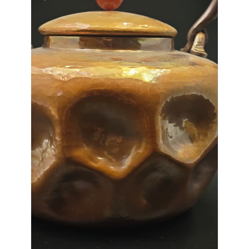 99.9% Pure Copper Handmade 3D Texture Teapot (Bamboo Handle + Red Agate Knob)