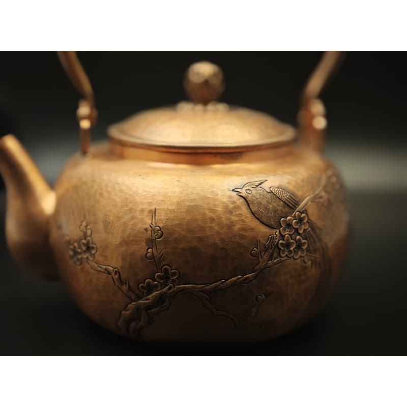 99.9% Pure Copper Handmade Plum & Magpie Relief Teapot ( "Happiness on the Brows" Auspicious Style + Multi-Stove Compatible)