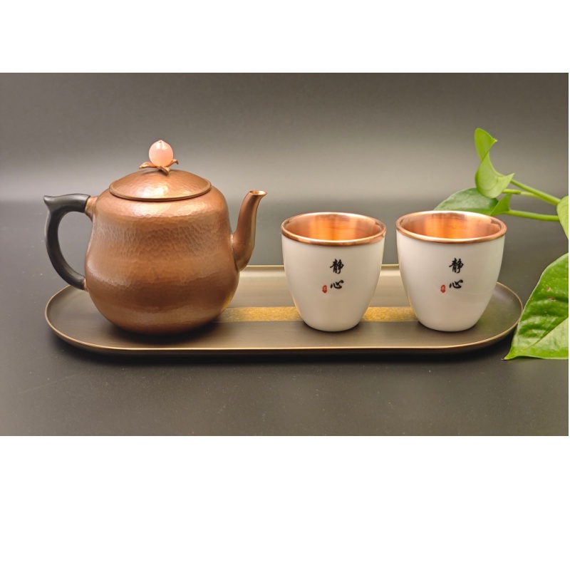 99.9% Pure Copper Handmade Hammered Texture Peach-Knob Tea Set (1 Teapot + 2 Copper-Lined Porcelain Cups + Two-Tone Copper Tray)