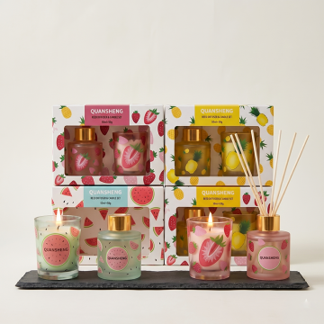 QUANSHENG Fruity Summer Reed Diffuser and Scented Candle Gift Set (50ml+50g), Vibrant Frosted Glass Aroma Duo with Gift Box, Strawberry, Watermelon, Pineapple