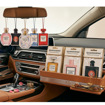QUANSHENG Luxury Perfume Bottle Shaped Paper Car Air Freshener, Long-Lasting Hanging Scented Card for Rearview Mirror, Custom Automotive Fragrance