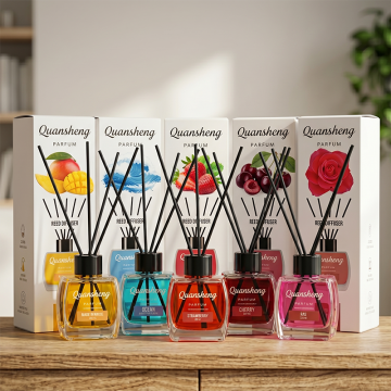 QUANSHENG Fruity & Fresh Reed Diffuser Set | Long-Lasting Home Fragrance with Black Fiber Sticks | Mango, Cherry, Strawberry, Ocean, Rose Aromatherapy