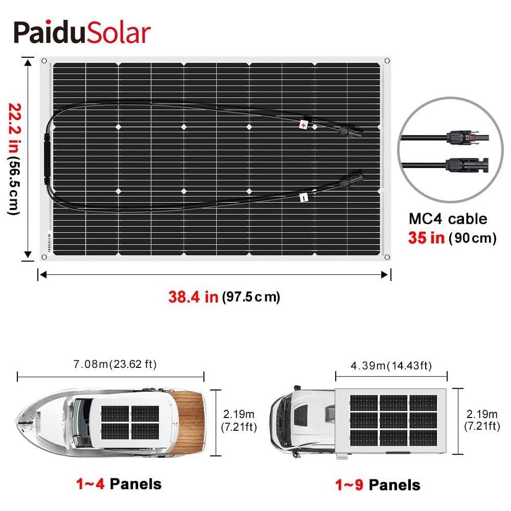 PaiduSolar 100W 12V Bendable Semi-Flexible Solar Panel For Caravan RV Boat Camper Trailer
