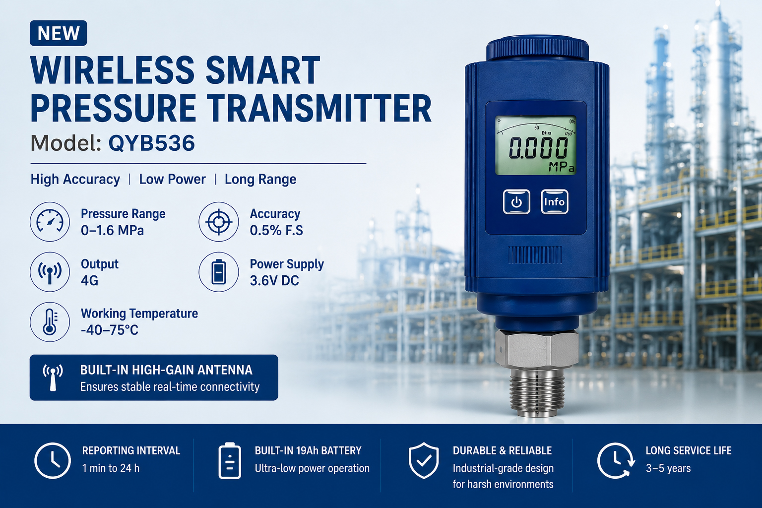 QYB536 Wireless Smart Pressure Transmitter Designed for remote industrial pressure monitoring