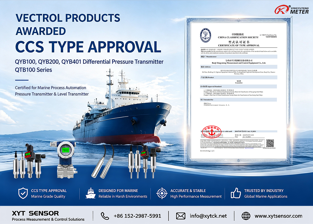 XYT SENSOR Pressure Transmitter Successfully Obtained CCS Type Approval Certificate