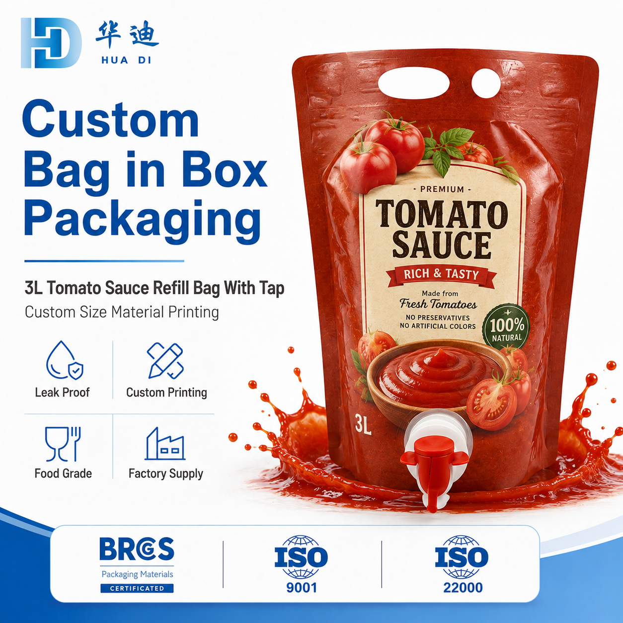 Custom 3L Bag in Box Tap Pouches for Tomato Sauce