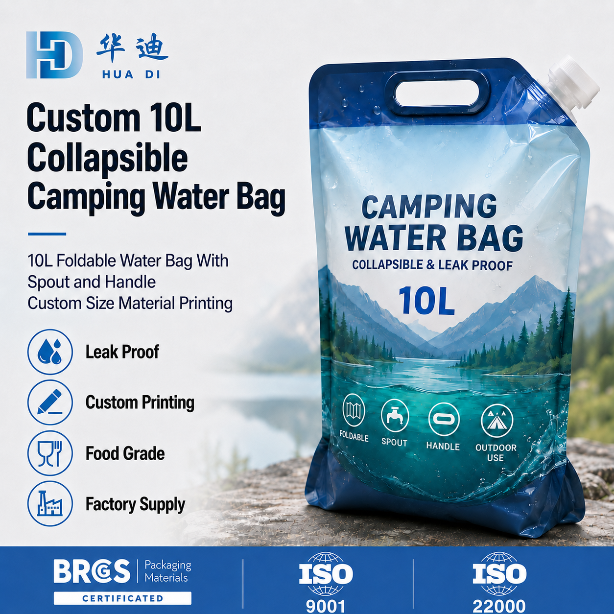 Sac à eau pliable de 10 L pour le camping, poche à eau pliable de qualité alimentaire avec bec verseur et poignée