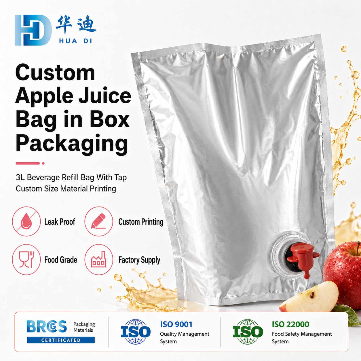 Jus de pomme 3 L en BAG avec robinet, sachet de recharge en aluminium de qualité alimentaire