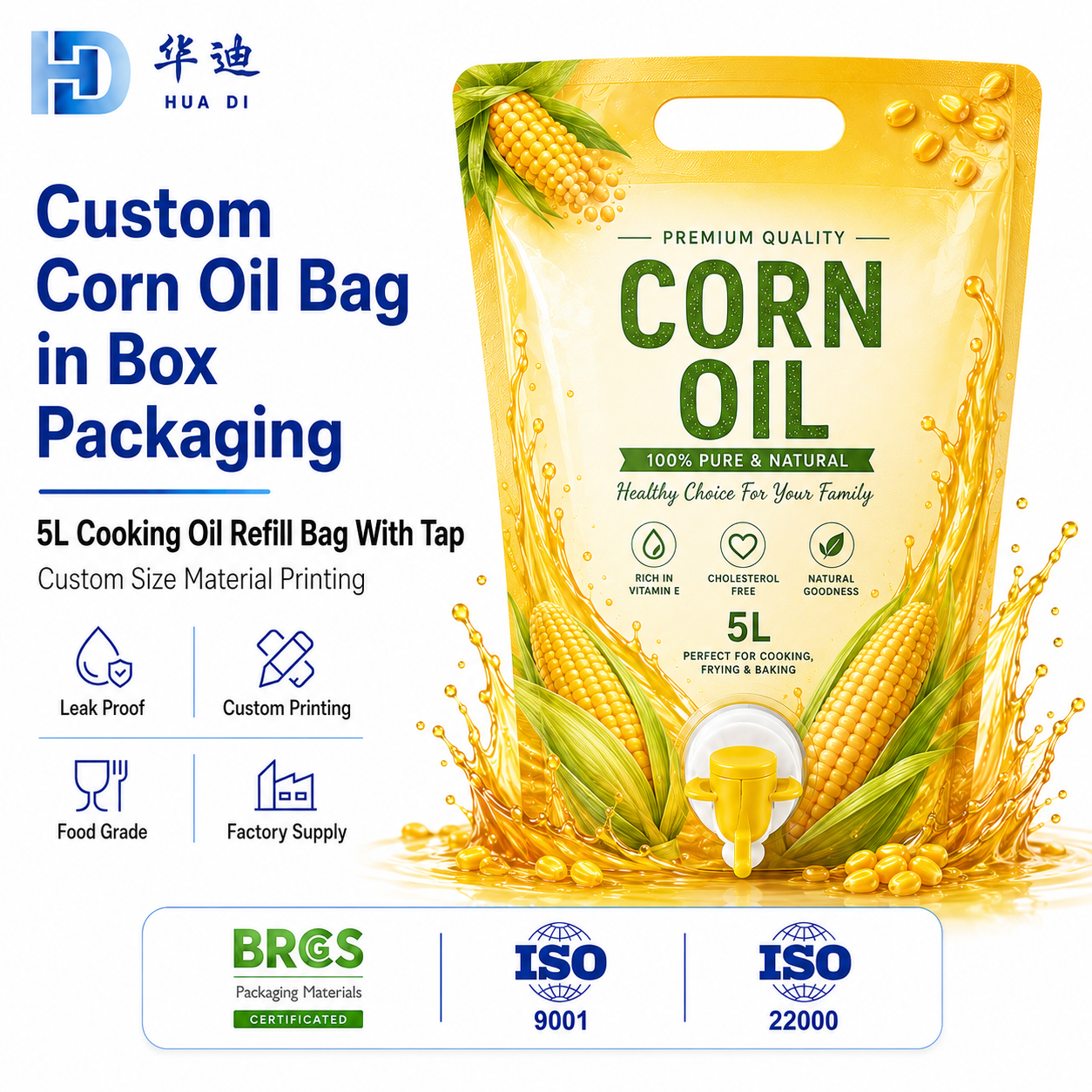 Kantong Minyak Jagung 5L Bag-in-Box dengan Keran, Kantong Isi Ulang Minyak Goreng Food-Grade Kustom