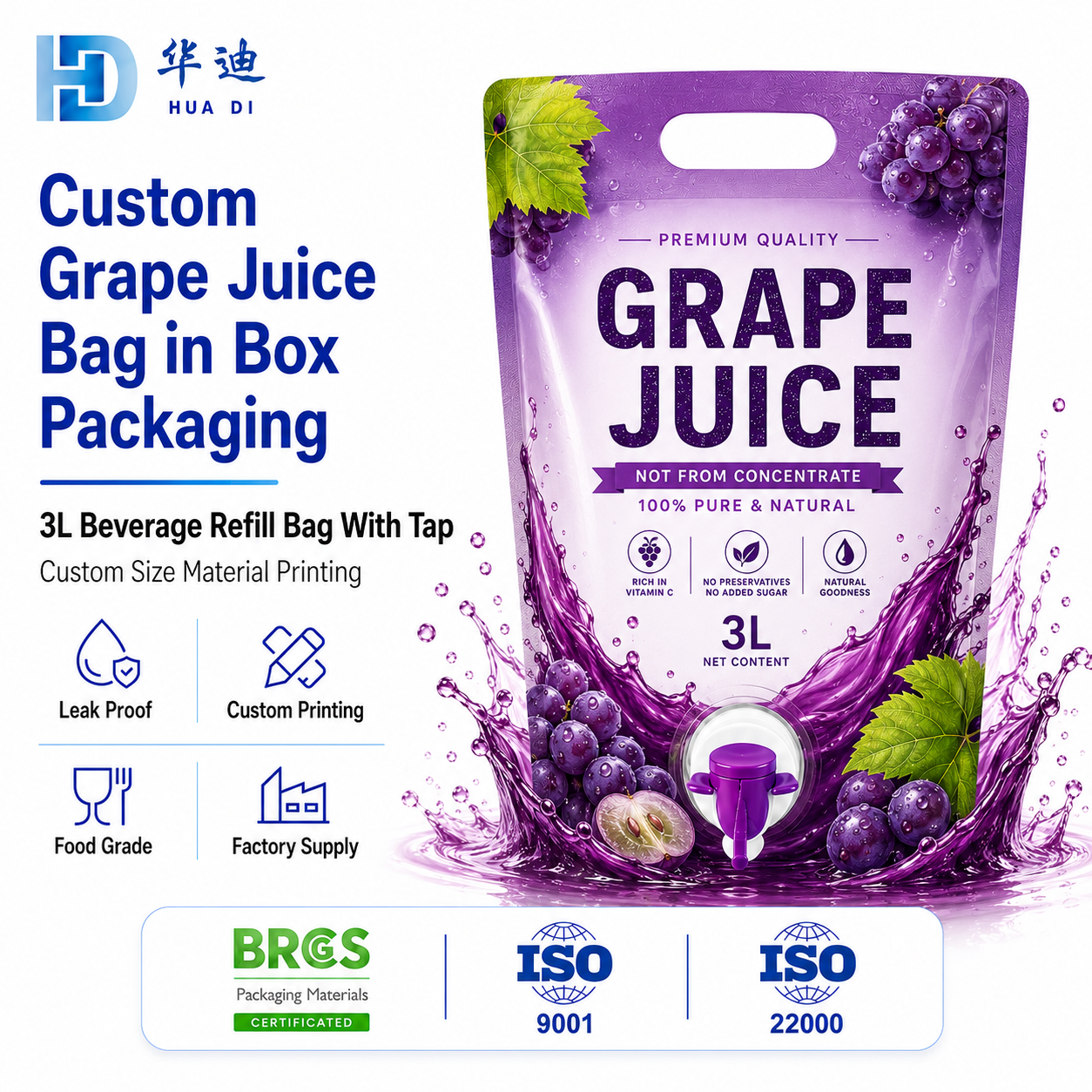 3L Grape Juice Bag‑in‑Box With Tap, C...