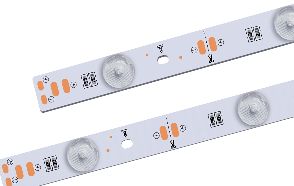 Rigid Bar-2R-145 printed cut line, polarity pads and mounting hole
