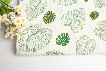100% Cotton Double-Layer Gauze with Large Leaf Print