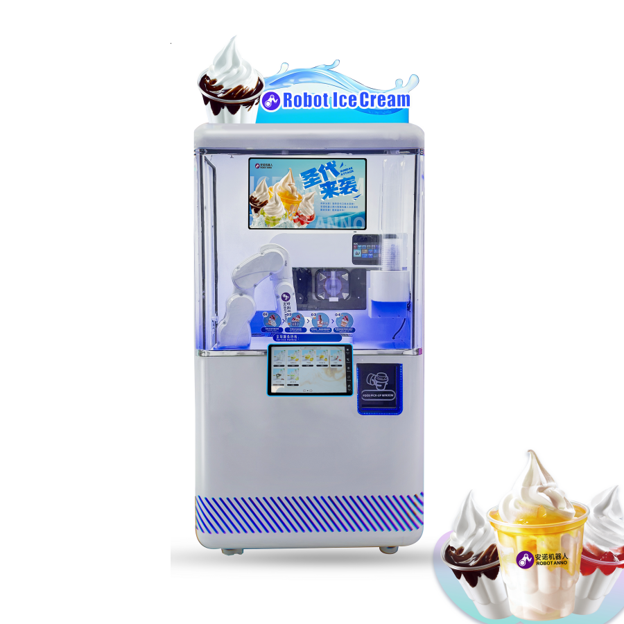 Een ijsrobot die een dessert serveert.