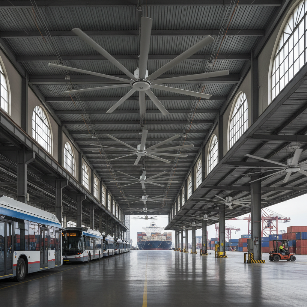 High Volume Low Speed Ceiling Fans For Transit Terminals And Shipping Docks
