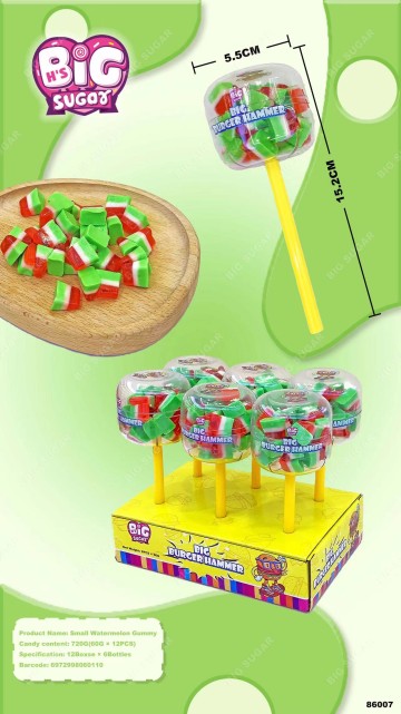 Watermelon gummies skewers, Hammer Candy Toy Factory, design of simulated watermelons, sweet and sour gummies