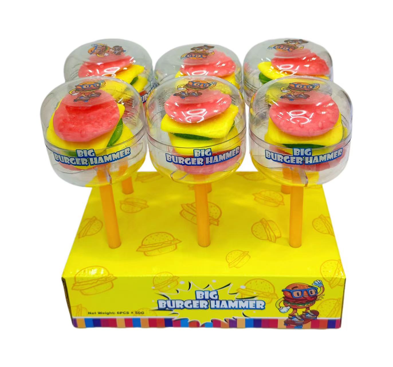 A gift box of childeren's candies in pink big burger hammer