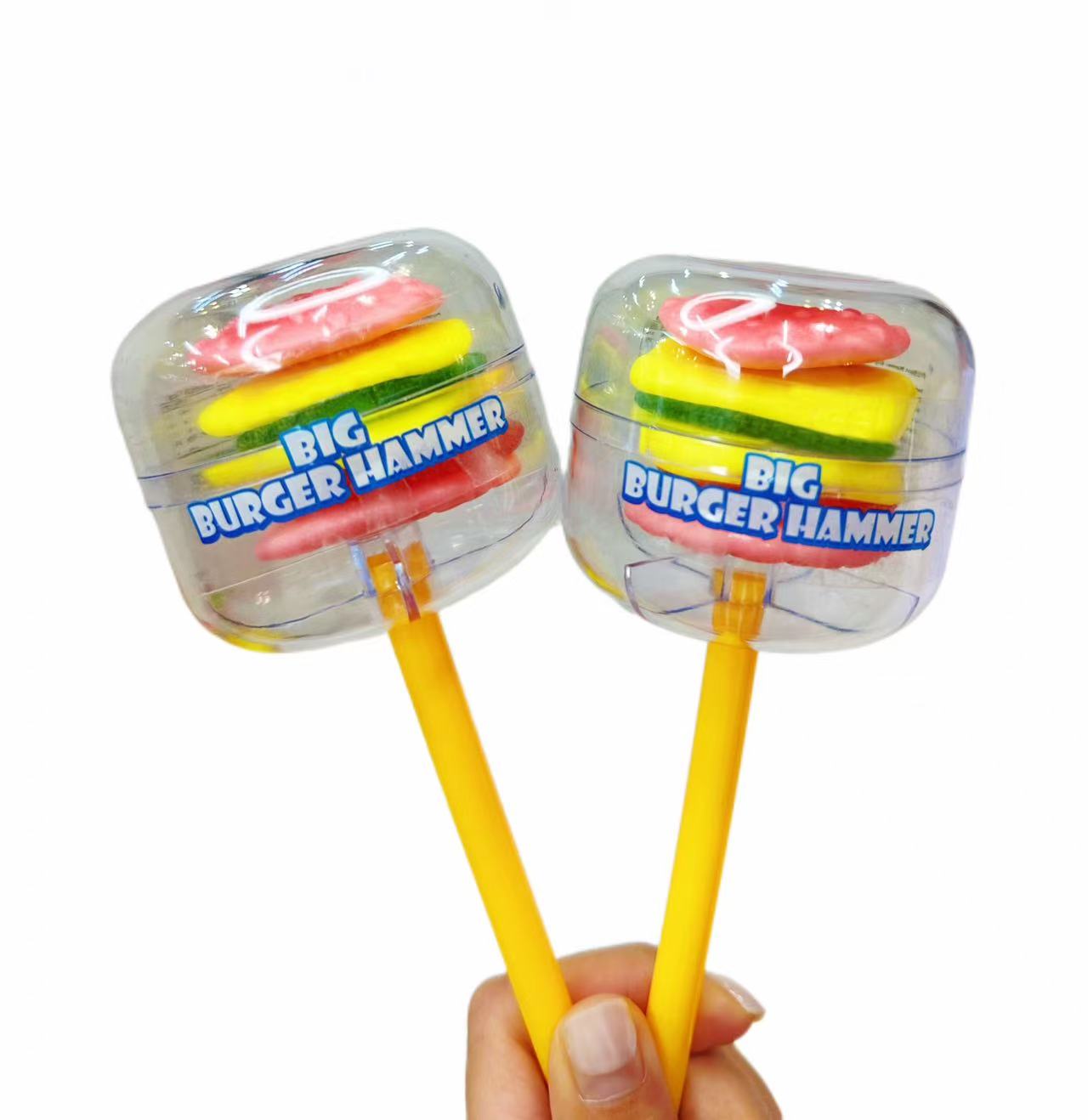 Sibgle-packaged children's and adults' candies-pink burger hammer
