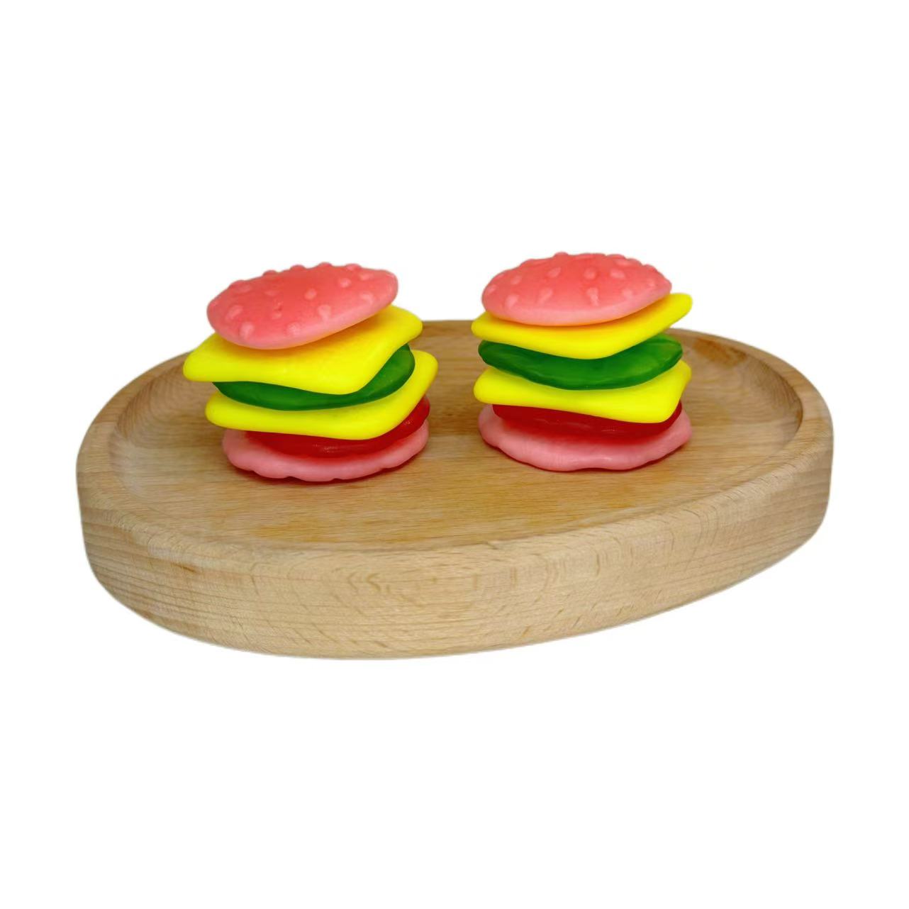 The unpacked pink large hamburger-shaped candy