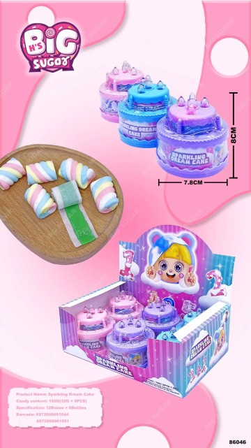 Candy With Toy Small Cake Bottle filled With Marshmallow and Fruit Roll Gummy Candy Supplier.