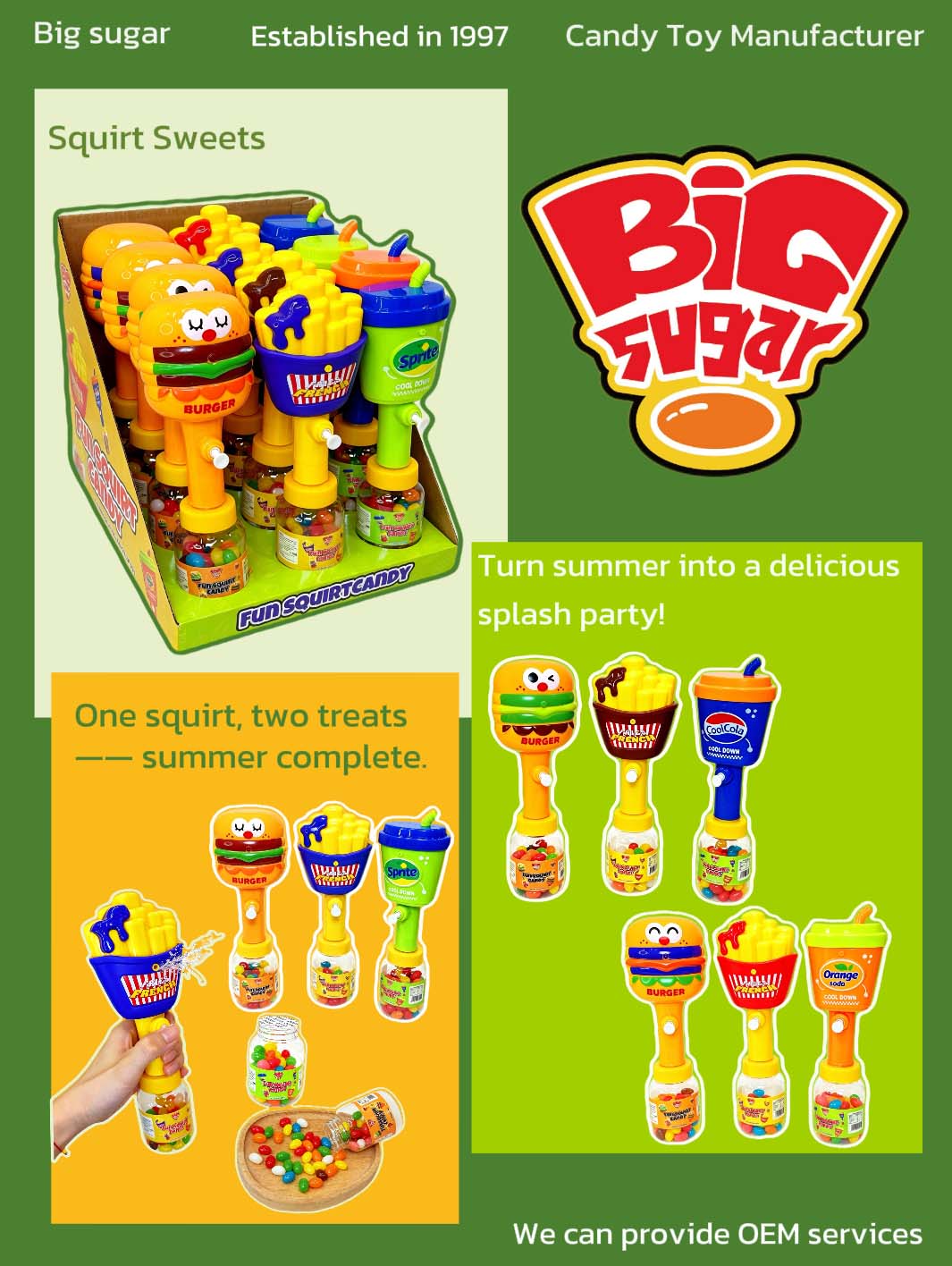 Big Sugar Fun Squirt Candy poster, 2 in 1 water gun candy toy with mixed fruit jelly beans, hamburger fries soda shaped squirt toy candy, OEM candy toy manufacturer since 1997