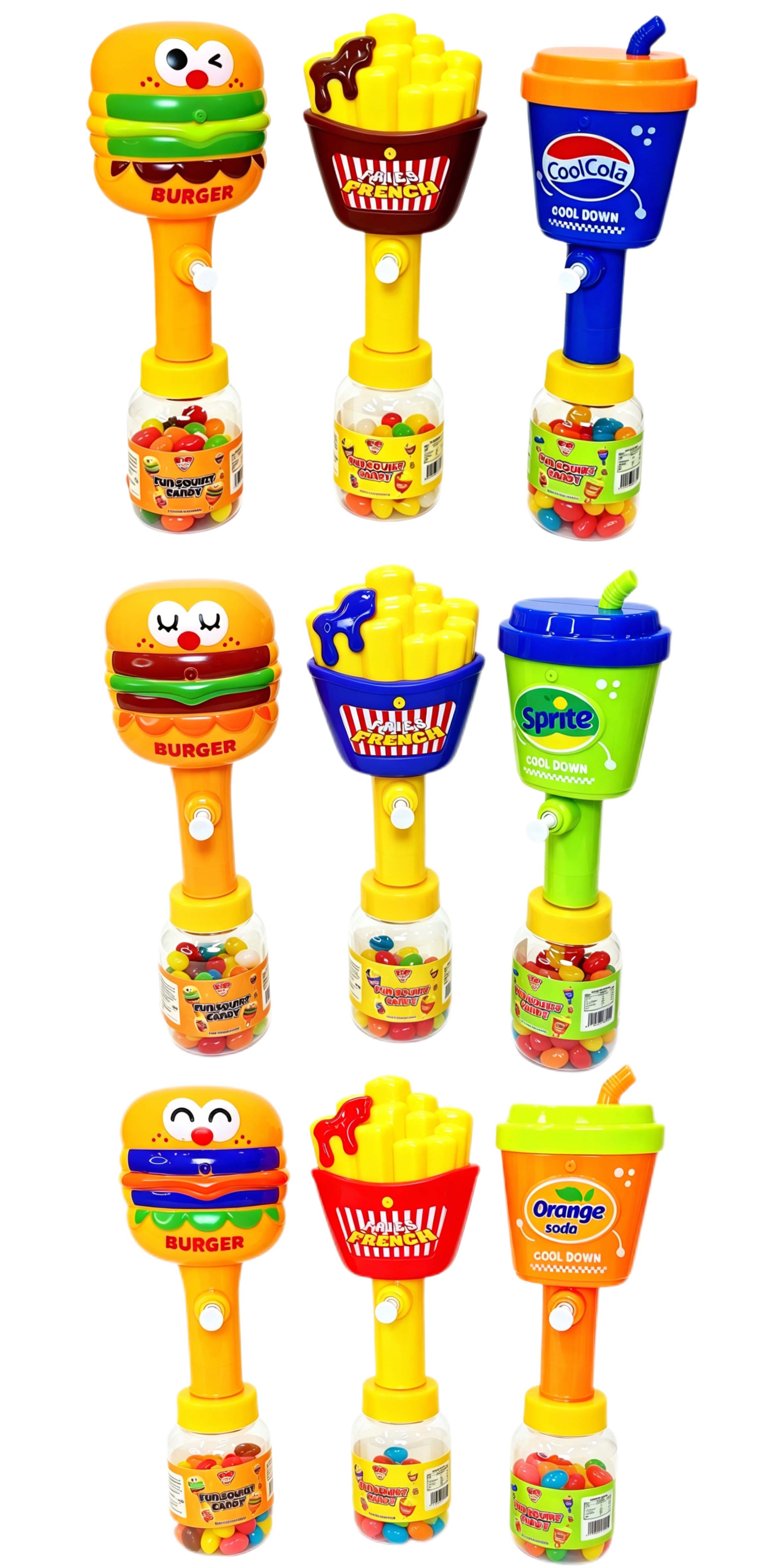 Complete set Fun Squirt Candy water gun candy toys, hamburger fries cola sprite orange soda designs with fruit jelly beans inside, novelty kids candy toy assortment