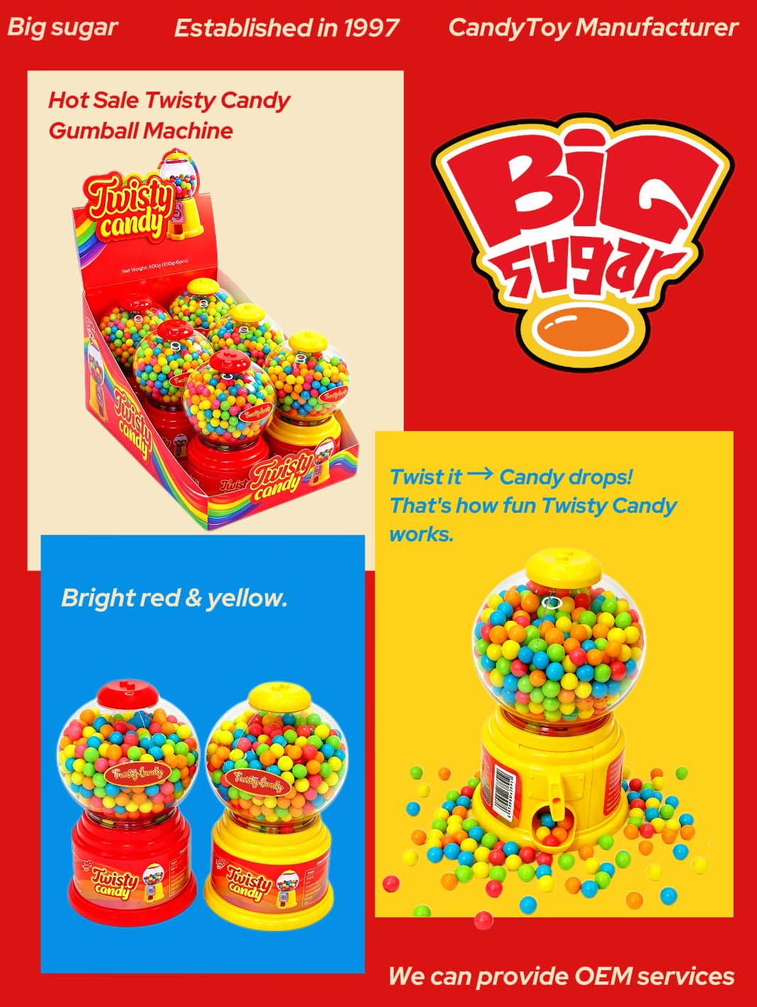 Main Promotional Marketing Poster Big Sugar Twisty Candy mini gumball machine poster, retro arcade twist dispenser candy toy filled with fluffy crispy rainbow candy beads, OEM novelty candy toy manufacturer since 1997
