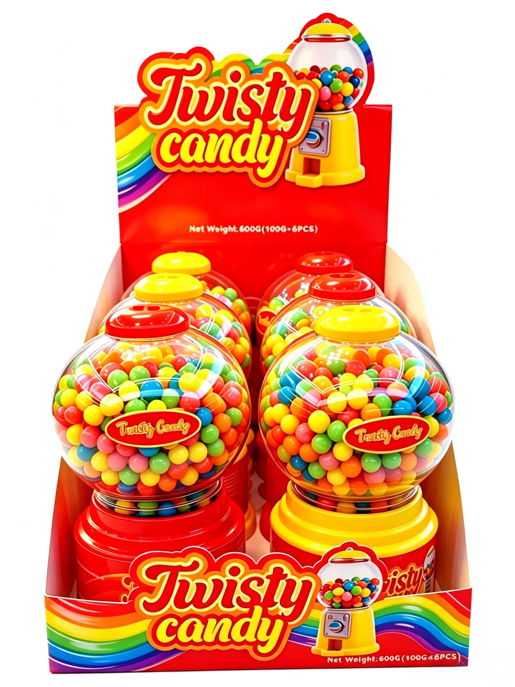 Twisty Candy full retail display box front view, eye-catching red rainbow packaging mini arcade gumball candy toy bulk wholesale