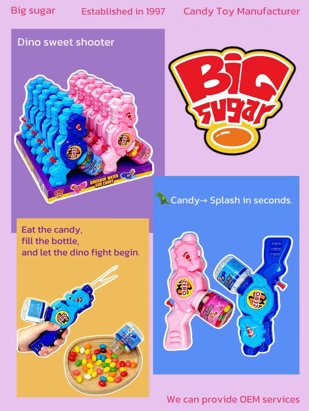 Big Sugar Dino Sweet Shooter dinosaur water gun candy promotional banner, 2-in-1 candy water blaster toy with mixed fruit jelly beans, candy toy manufacturer since 1997, OEM wholesale support