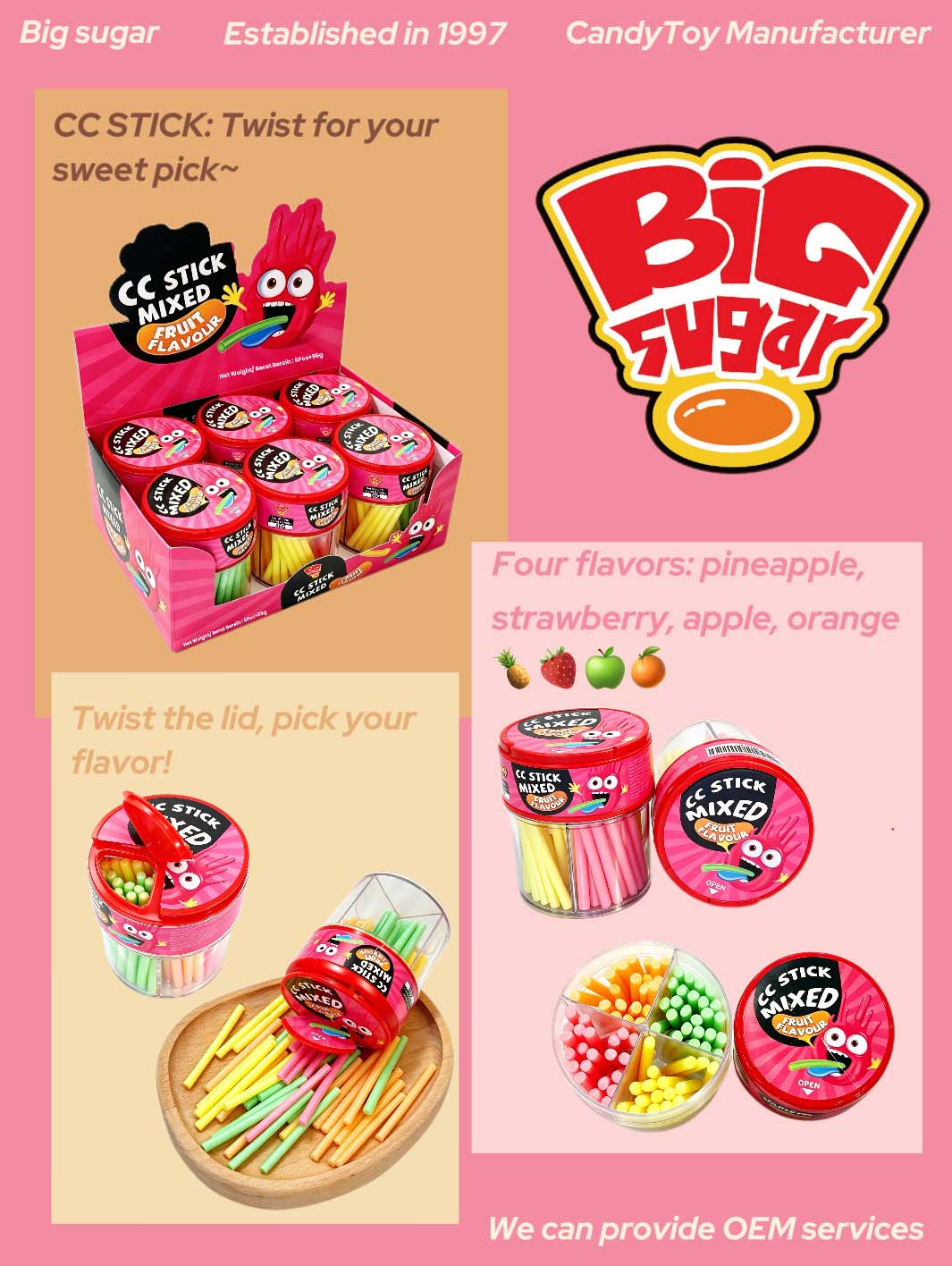 CC Stick mixed fruit straw candy wholesale display box, fun pick‑flavor kids compartment pot candy
