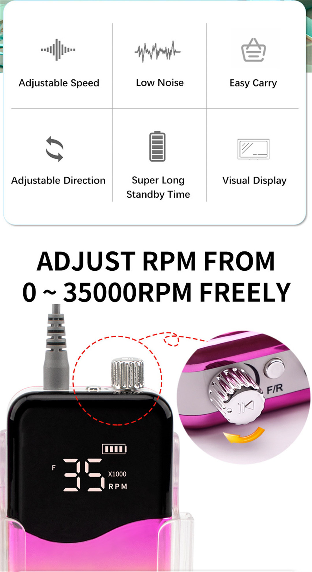 SN358S Professional Brushless Nail Drill Machine Portable Cordless Rechargeable 35000 RPM Manicure E File (2)