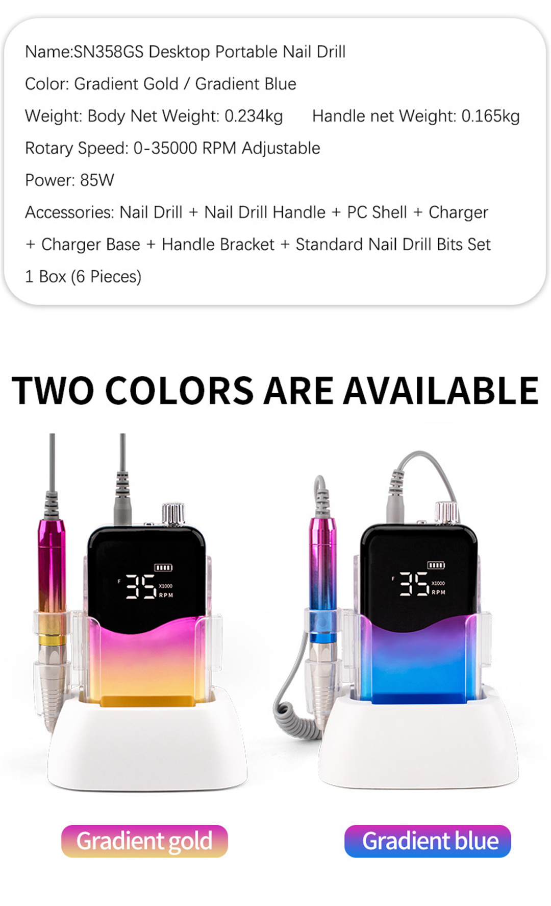 SN358S Professional Brushless Nail Drill Machine Portable Cordless Rechargeable 35000 RPM Manicure E File (7)